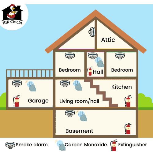 House Outline Image with Room depicting where to place smoke and carbon monoxide detectors and fire extinguishers