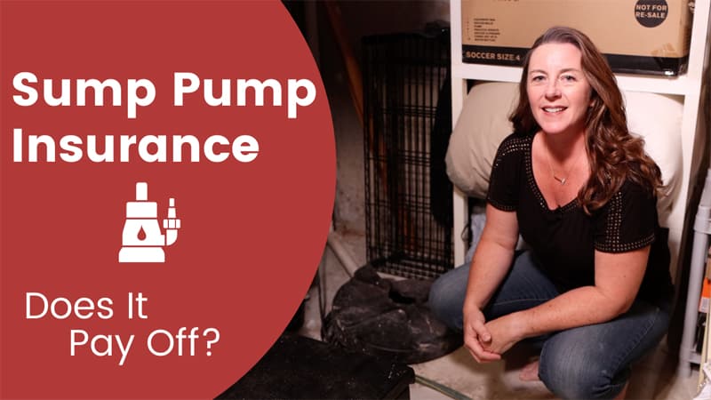 Beth sitting next to her sump pump in her basement asking does sump pump insurance pay off